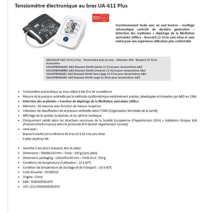 Tensiomètre électronique au bras UA-611 Plus