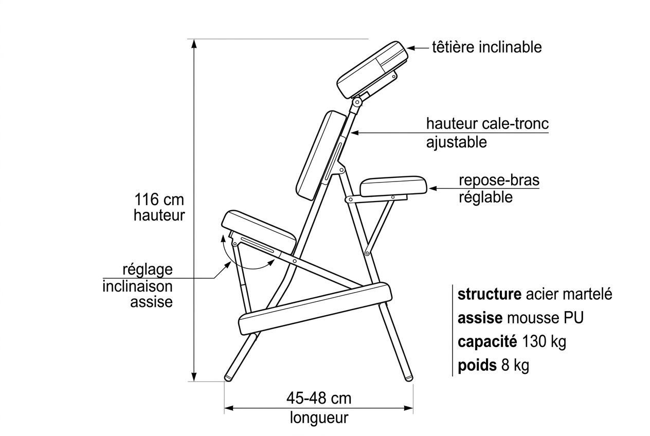 Chaise de massage inclinable avec dossier et accoudoirs, dimensions indiquées (116 cm de hauteur, longueur 45–48 cm), assise réglable et structure en acier martelé, poids 8 kg. Convient comme appareil de massage pour tout le corps.