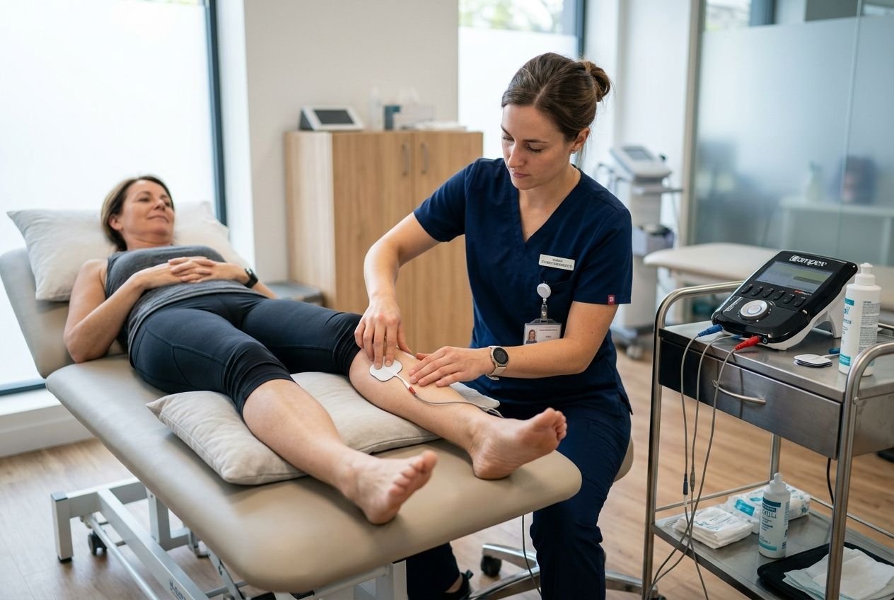 Chargement d’un appareil d'électrostimulation professionnel sur la jambe d’une patiente allongée, tandis qu’une spécialiste pose les électrodes.
