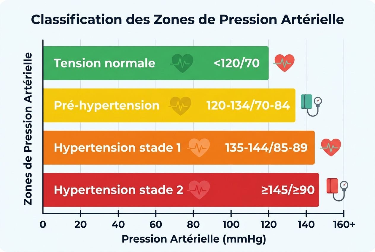 Classification des zones de pression artérielle et tension normale <120/70 à 160+ mmHg, avec pré-hypertension et stades 1 et 2. Protocole prise de tension artérielle domicile intégré.