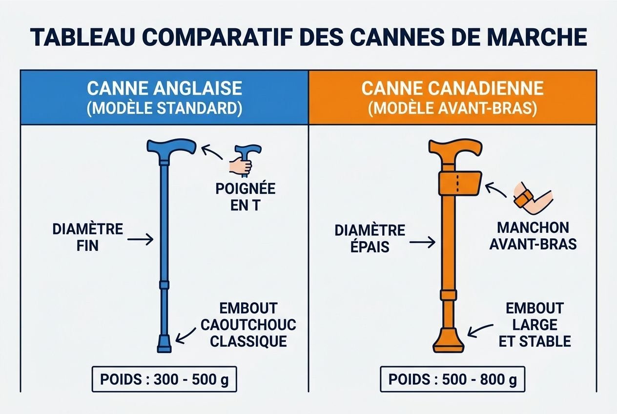 Comparaison canne anglaise et canadienne