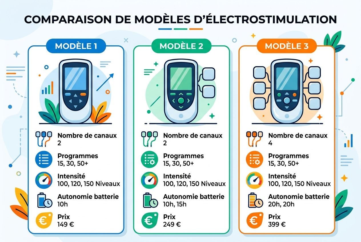 Comparaison de modèles d’appareils d’électrostimulation: trois schémas illustrant Modèle 1, Modèle 2 et Modèle 3 avec détails, canaux, programmes, intensité, autonomie et prix.
