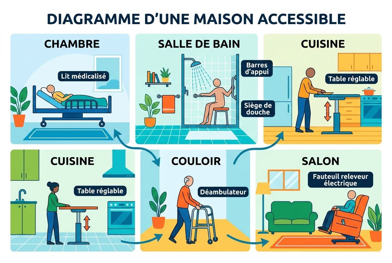 Diagramme d’une maison accessible : chambre avec lit médicalisé, salle de bains avec bars d’appui et siège, cuisine avec table et assise, couloir et déambulateur, salon avec fauteuil releveur électrique