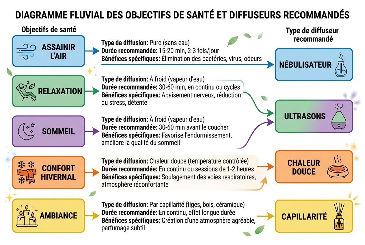 Diagramme fluvial présentant les objectifs de santé et les diffuseurs recommandés: nébulisateur, ultrason, chaleur douce, et ambiance adaptée. Comment choisir son diffuseur d'huiles essentielles en fonction du besoin.