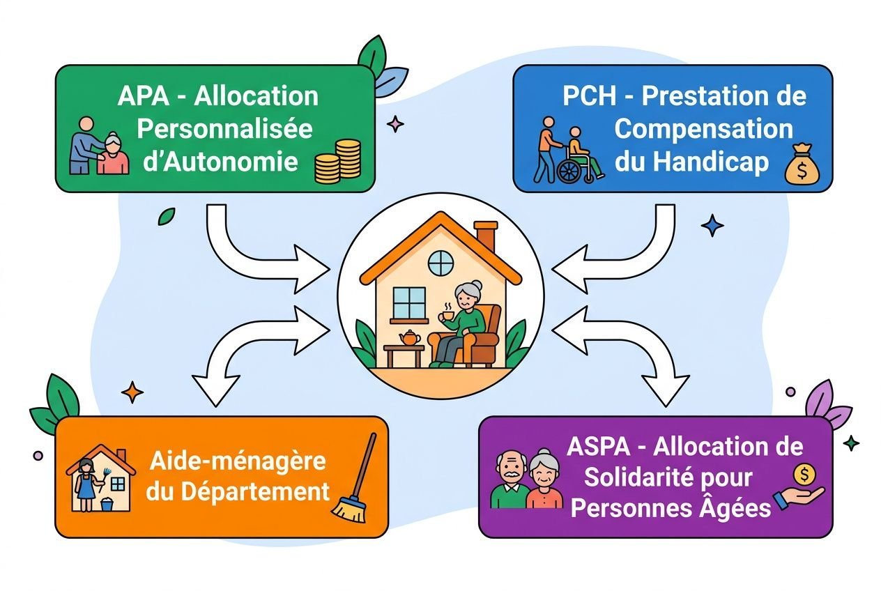 Diagramme informatif sur les aides au maintien à domicile: APA, PCH, Aide-ménagère du Département et ASPA autour d’une maison centrale.
