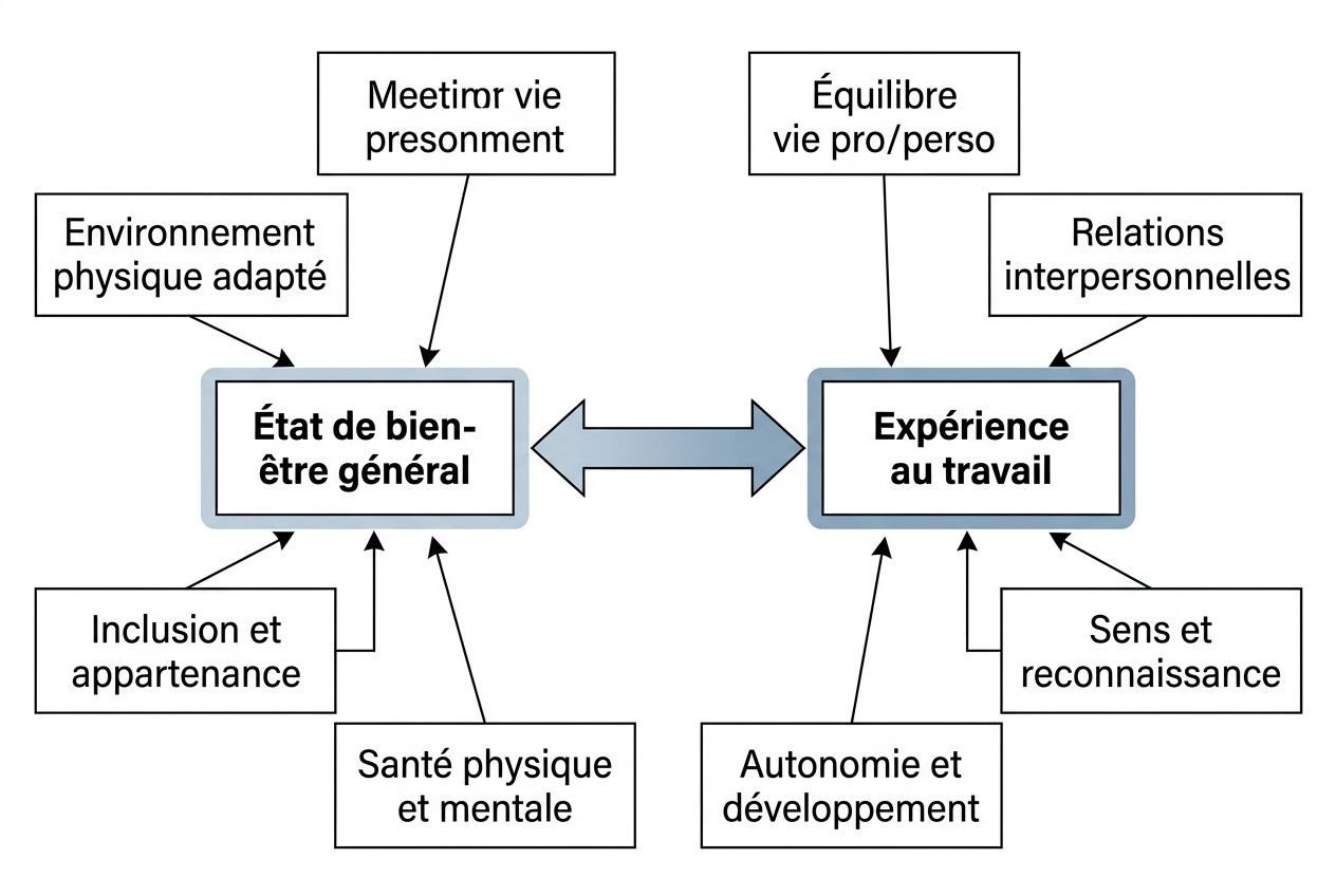 Diagramme montrant deux blocs centraux reliés: « État de bien-être général » et « Expérience au travail », entourés de sous-éléments comme environnement physique adapté, inclusion et appartenance, santé physique et mentale, autonomie et développement, sens et reconnaissance, relations interpersonnelles, équilibre vie pro/perso, et meeting/ vie personnel. Intègre naturellement le sujet: les 7 piliers du bien-être.