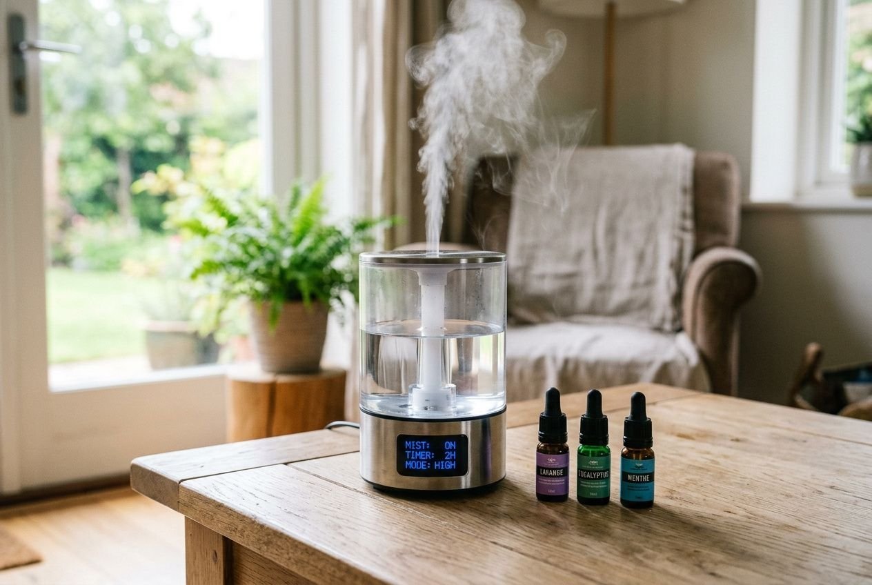 Diffuseur d'huiles essentielles à brume visible sur une table, avec trois fioles d'huiles à côté dans un salon lumineux.