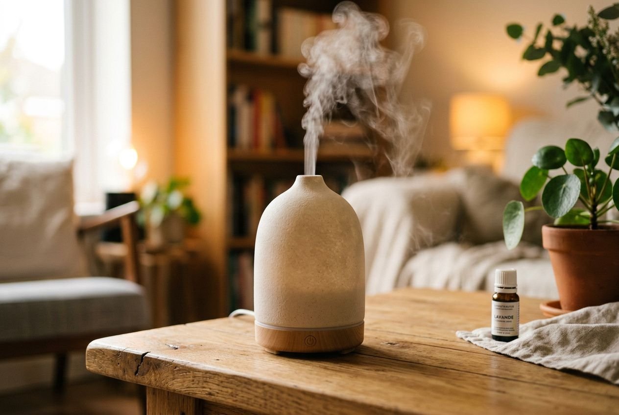 Diffuseur huile essentielle ultrason en bois sur une table, avec brume qui s’en dégage dans un salon cosy.