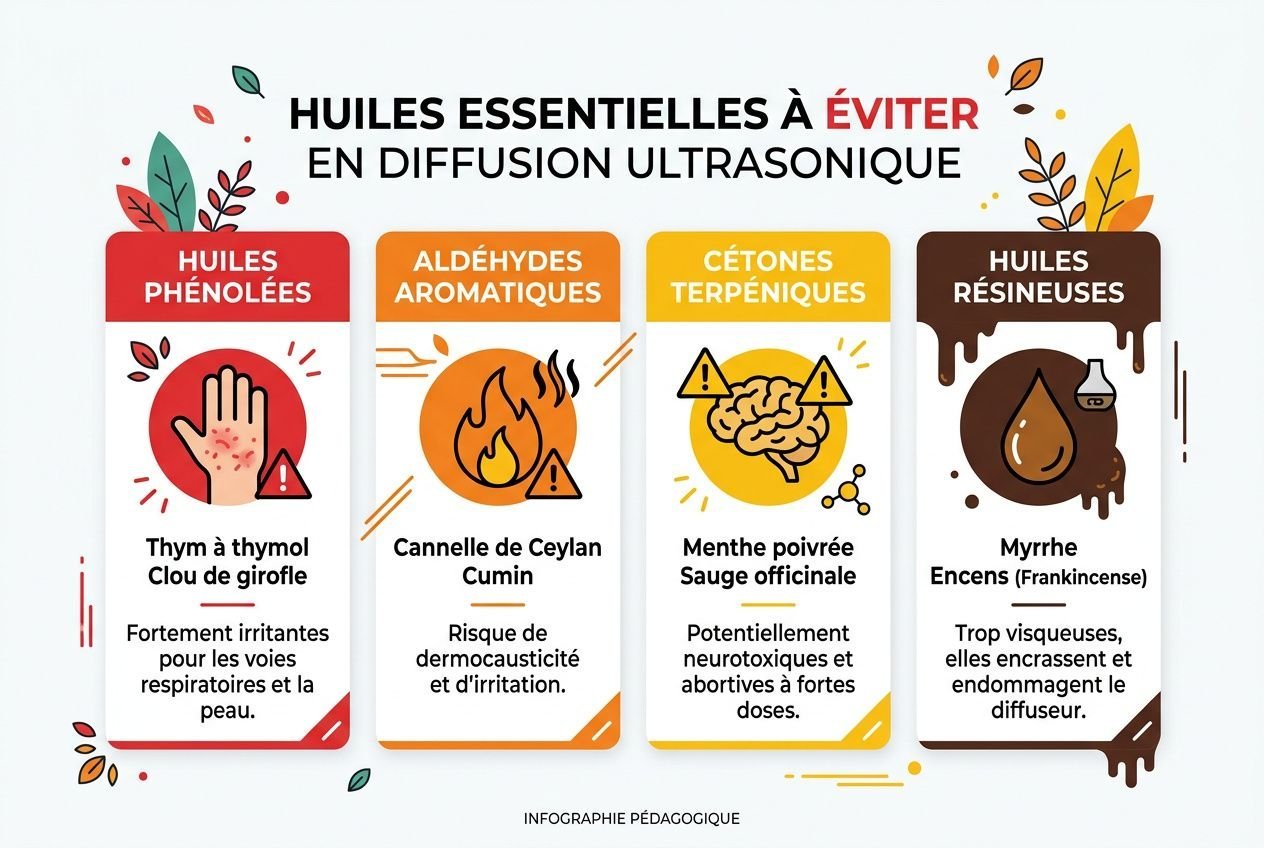 Diffuseur huile essentielle ultrason: infographie sur les huiles à éviter en diffusion ultrasonique, avec des catégories comme huiles phénoliques, aldéhydes aromatiques, cétones terpéniques et huiles résineuses.