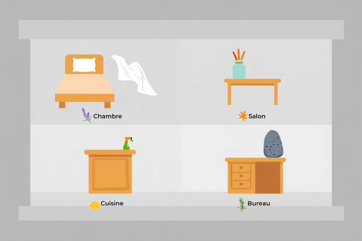 Diffusion d’huile essentielle sans diffuseur: illustration d’un intérieur avec chambre, salon, cuisine et bureau, chacun équipé d’objets simples.