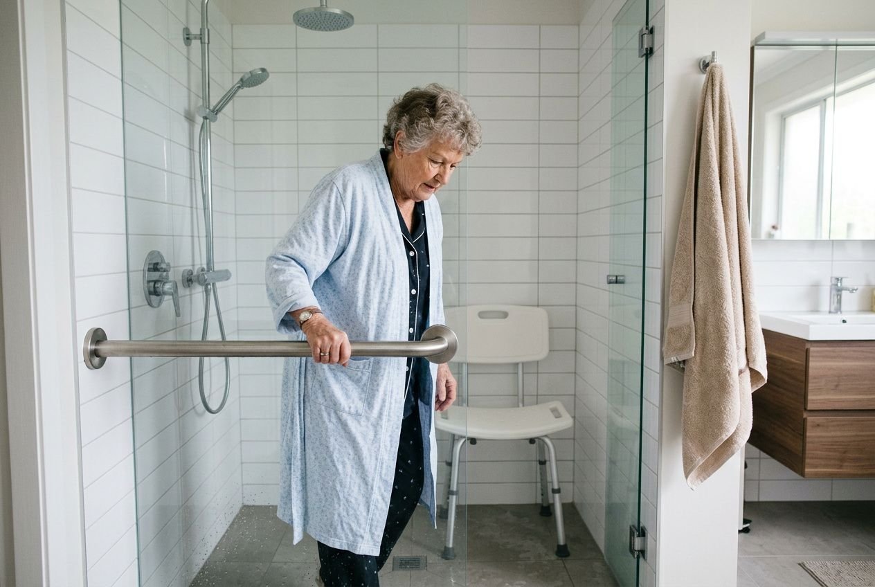 Femme âgée avec une robe de chambre dans une salle de bains, se tenant à une barre d’appui, usage d’un matériel médical maintien à domicile.