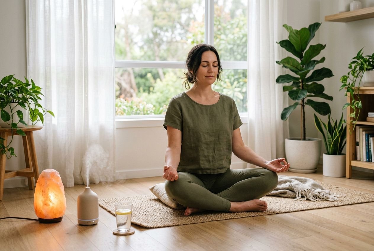 Une femme médite en position lotus dans un salon lumineux, ambiance calme avec plantes, lampe d’ambiance et bougie parfumée. Les 7 piliers du bien-être au cœur.