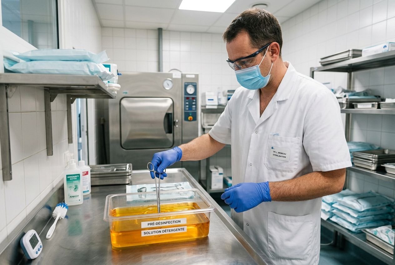 Homme en blouse et masque effectuant la pré-désinfection du matériel hospitalier avec pinces dans une solution orange, sur un plan de travail en laboratoire.