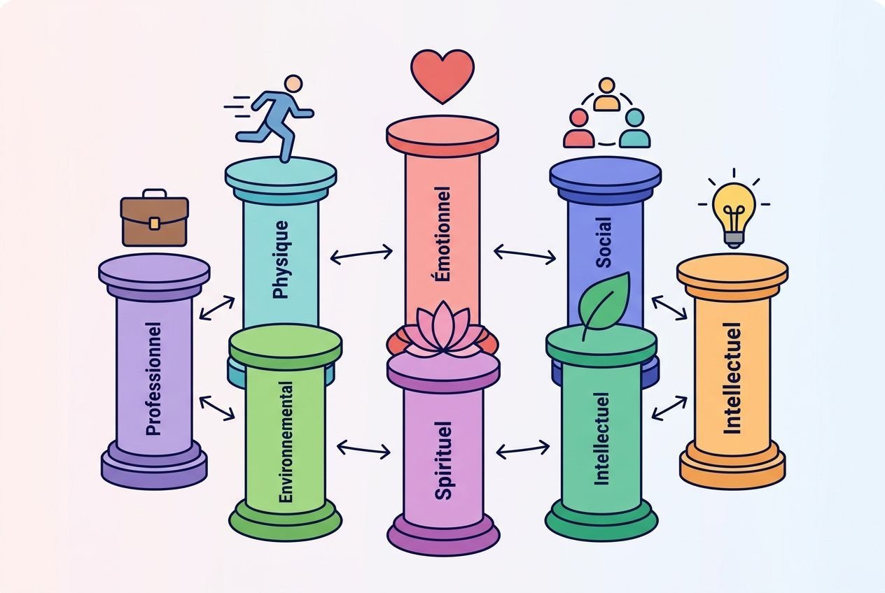 Illustration des 7 piliers du bien-être: physiquement, émotionnellement, socialement, professionnellement, environnementalement, spirituellement et intellectuellement.