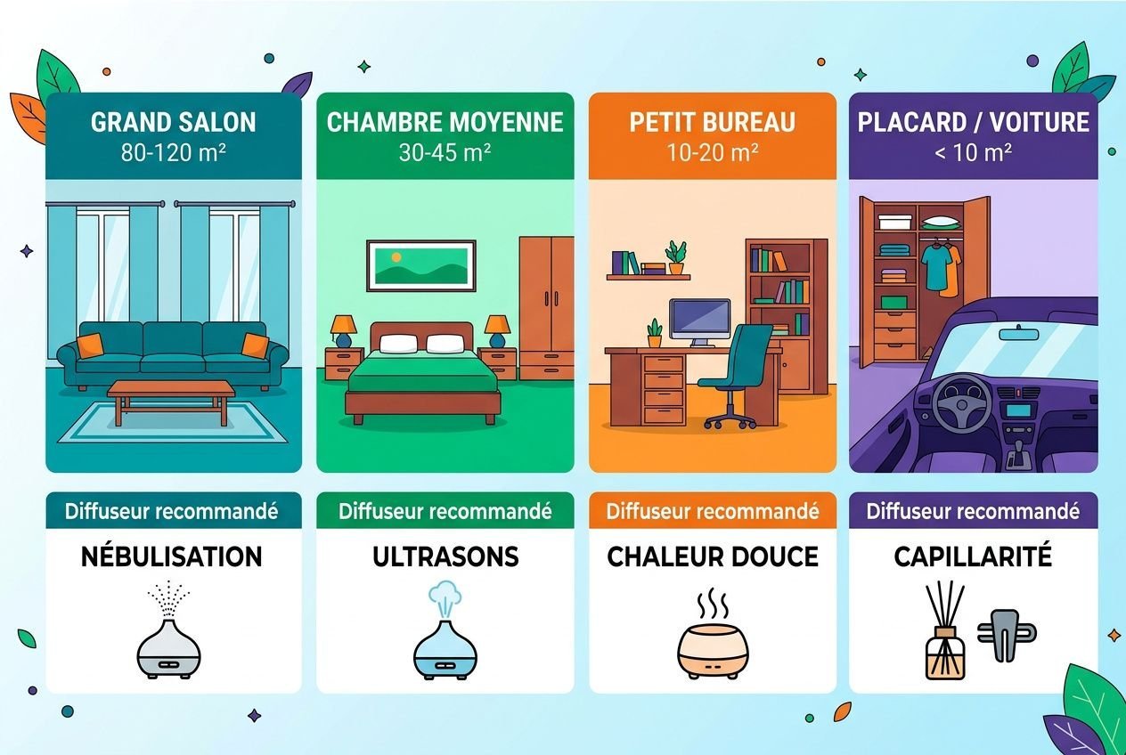 Illustration d’un tableau de quatre pièces avec postes et meubles, indiquant "Diffuseur recommandé" et types: nébulisation, ultrason, chaleur douce, capillarité, présentés comme conseils pour choisir son diffuseur d'huiles essentielles.
