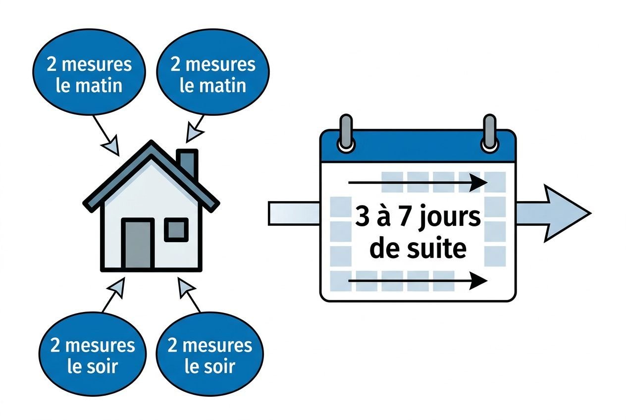 Image d’un planning d’automesure: horloge et calendrier indiquant “3 à 7 jours de suite” et maison avec cercles “2 mesures le matin/soir”. protocole prise de tension artérielle domicile.