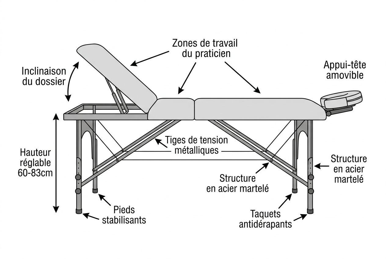 Lit de massage professionnel sur cadre métallique avec dossier inclinable et appui-tête amovible, table rehaussable et croix de soutien robuste.