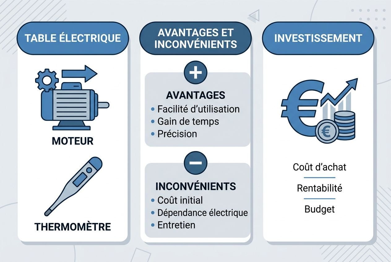 Lit de massage professionnel présent dans une infographie comparant table électrique, avantages/inconvénients et investissement.