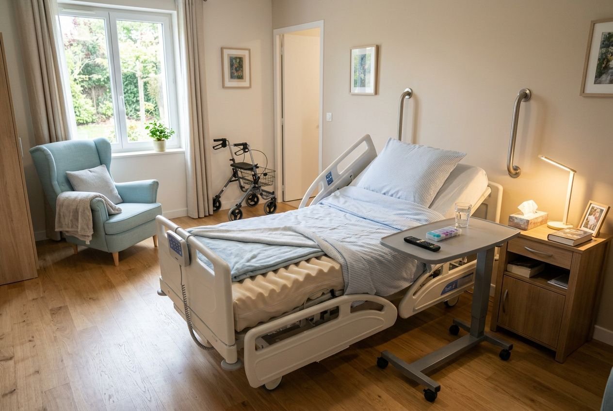 Lit médicalisé en chambre, table de bedside et fauteuil près de la fenêtre; matériel médical hospitalisation à domicile prêt à l’emploi.