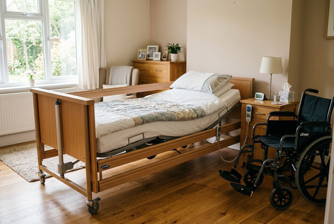 Lit médicalisé et fauteuil roulant dans une chambre, espace bien éclairé et mobilier chaleureux, quel matériel médical louer pour faciliter le quotidien.