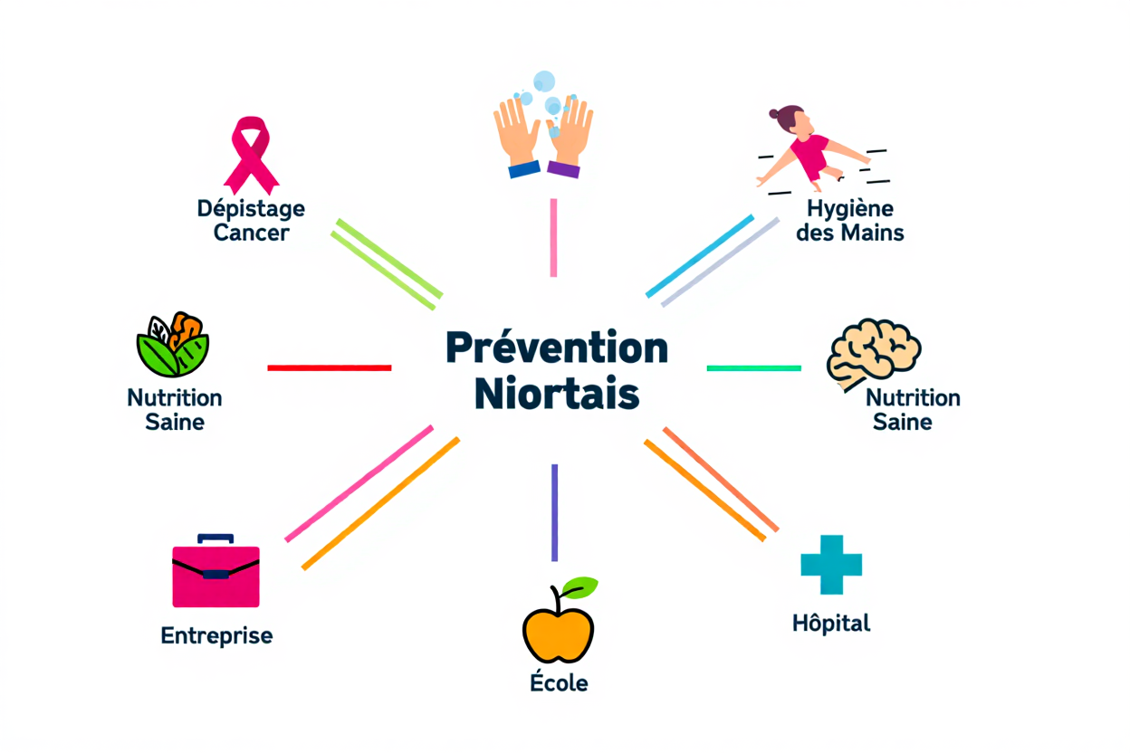 Logo central « Prévention Niortais » entouré d’icônes colorées représentant Dépistage Cancer, Hygiène des Mains, Nutrition Saine, Nutrition Saine, Hôpital, École, Entreprise, et une main levée, symbolisant la collaboration locale en santé. Intègre « collaborer avec entreprise locale santé niort ».