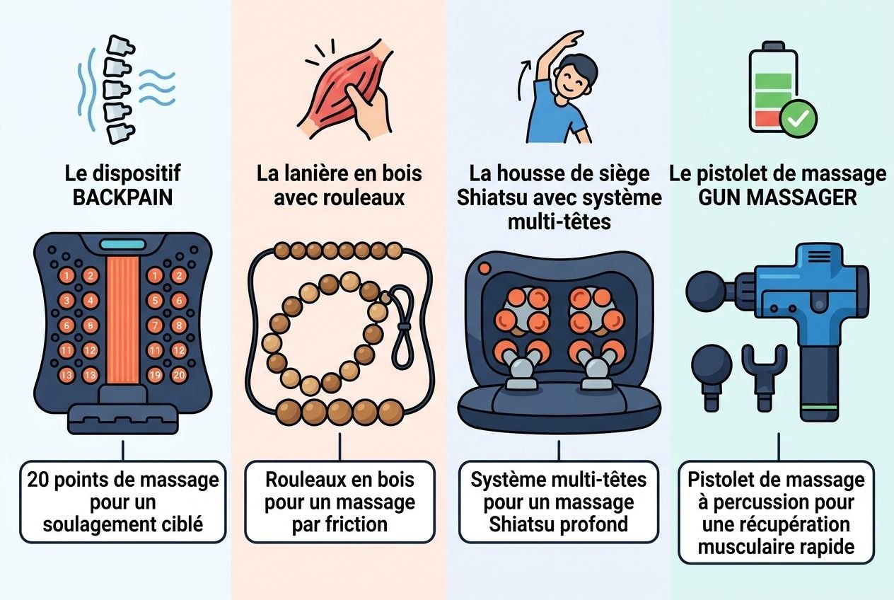 Masques, massage et accessoires illustrés pour le dos : dispositifs Backpain, lanière en bois, housse de siège Shiatsu multi-têtes, pistolet de massage pour récupération musculaire rapide.