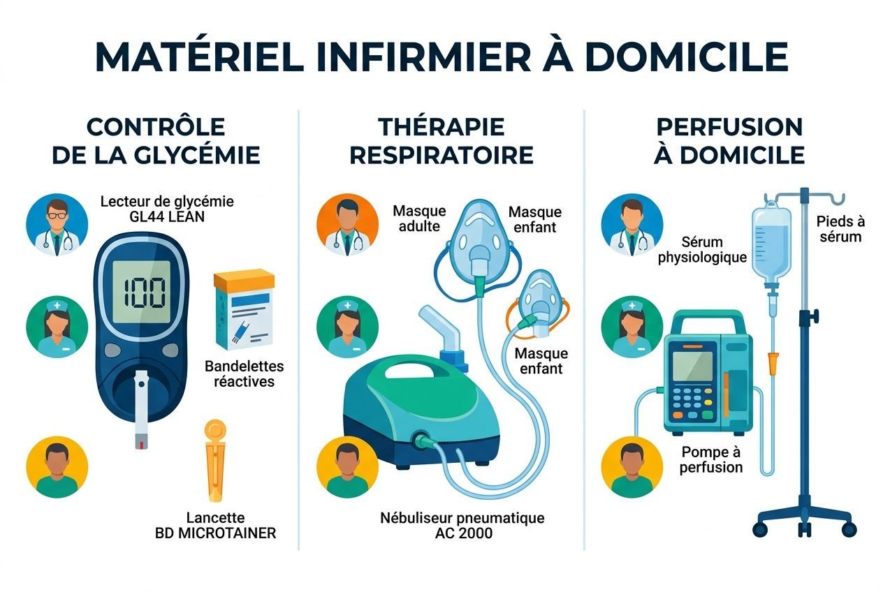 Matériel infirmier à domicile: contrôle glycémie, thérapie respiratoire et perfusion à domicile avec lit, masque et pompe.