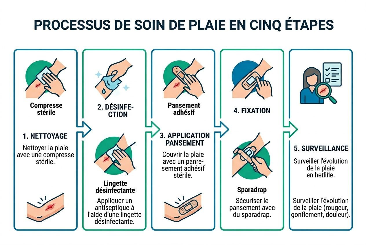 Processus en cinq étapes de soin et pansement de plaie