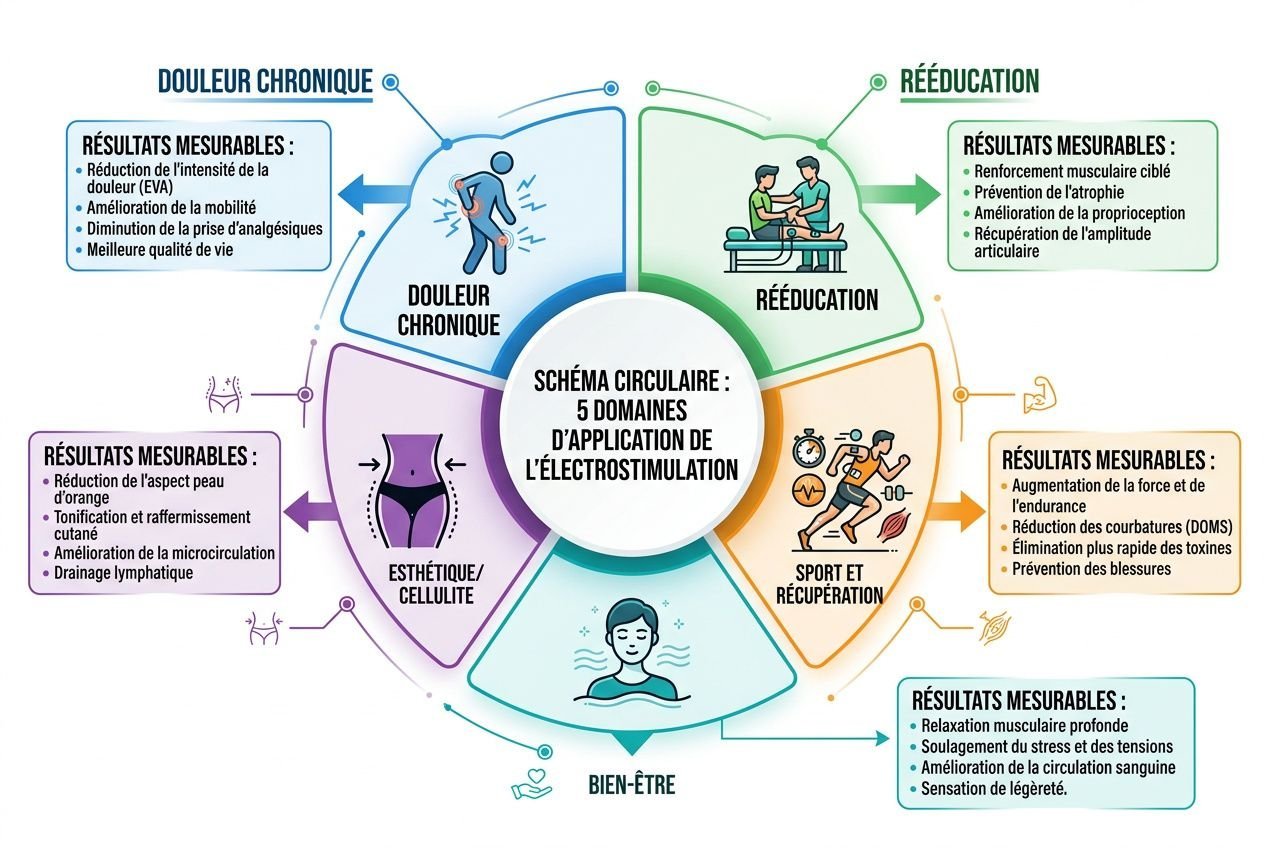 Schéma circulaire illustrant les 5 domaines d'application de l'électrostimulation: douleur chronique, rééducation, sport et récupération, bien-être et esthétie/cellulite.