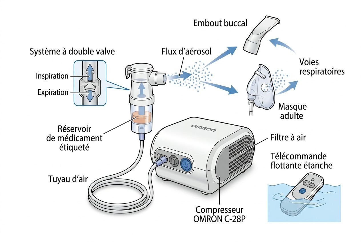 Schéma explicatif d’un appareil de respiration assistée: réservoir, tuba d’air, masque adulte, embout buccal, flux d’aérosol et télécommande flottante, avec le compresseur Omron C-28P et le tuyau d’air. matériel médical maintien à domicile