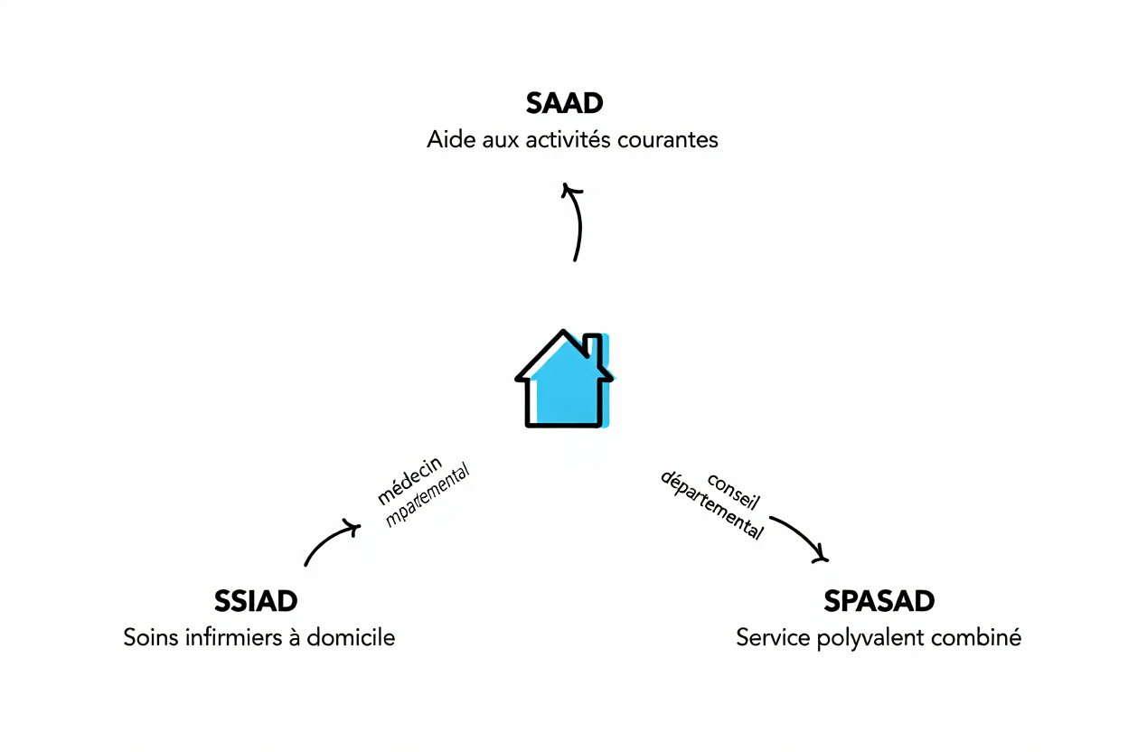 Schéma illustrant les services d’aide à domicile pour le maintien à domicile: SSIAD et SPASAD reliés par le réseau médical et le conseil départemental.