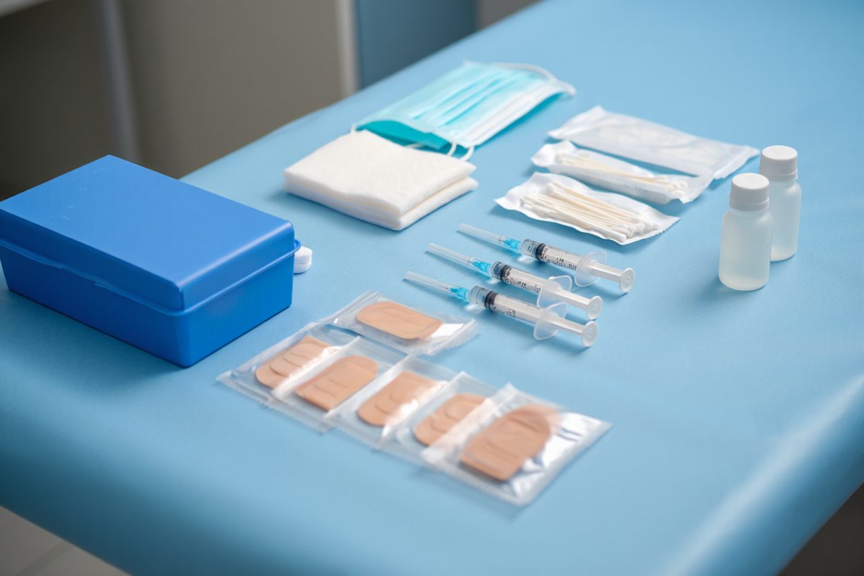 Sélection organisée de consommables médicaux jetables sur table d'examen