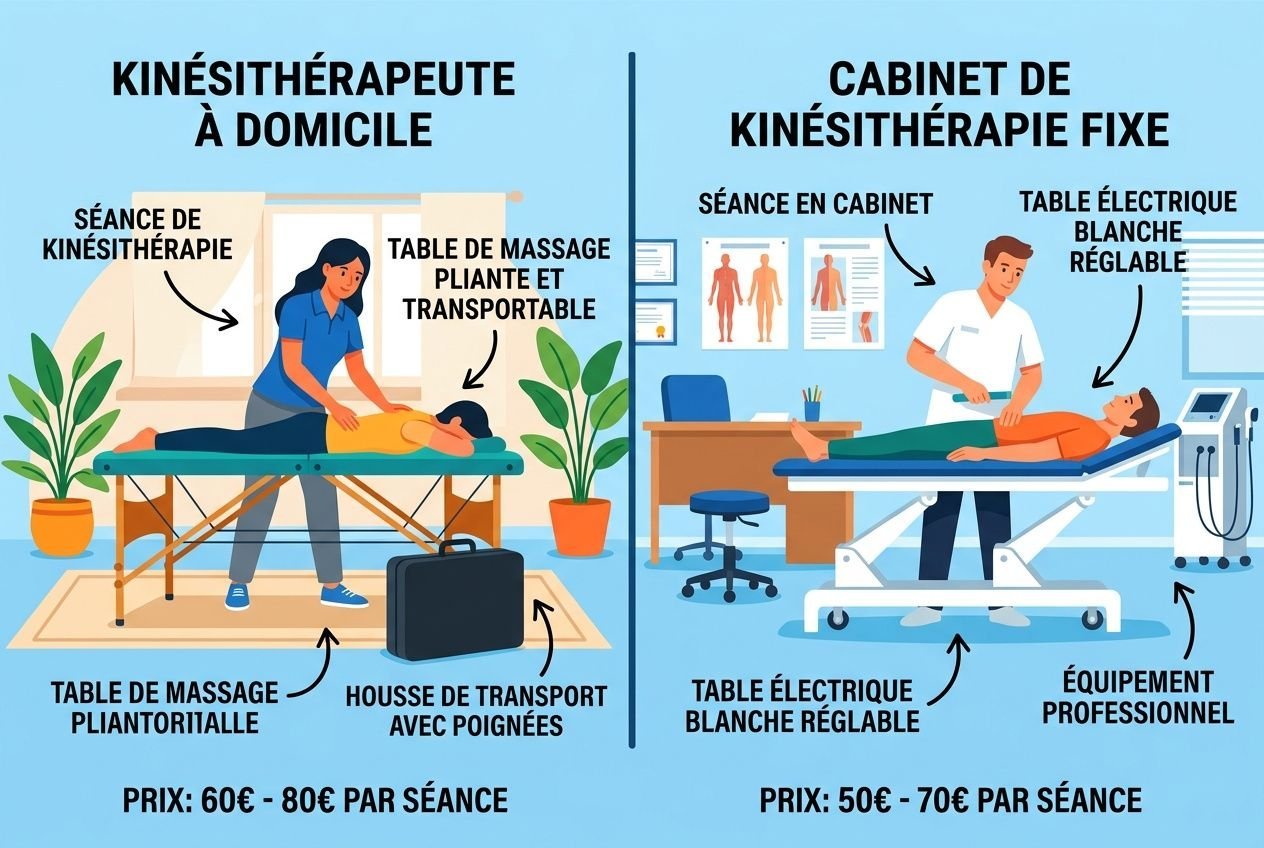 Table de kinésithérapie : illustration montrant une kinésithérapeute à domicile avec table de massage et housse de transport, et un cabinet avec table électrique ajustable et matériel professionnel