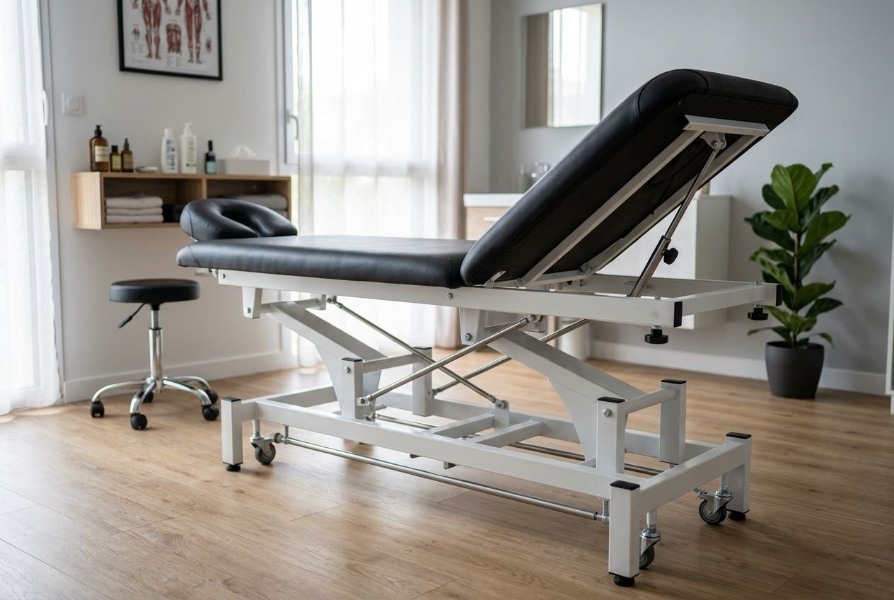 Table de kinésithérapie pliable, équipée d’un dossier inclinable et socle métallique sur roulettes, dans un cabinet moderne.
