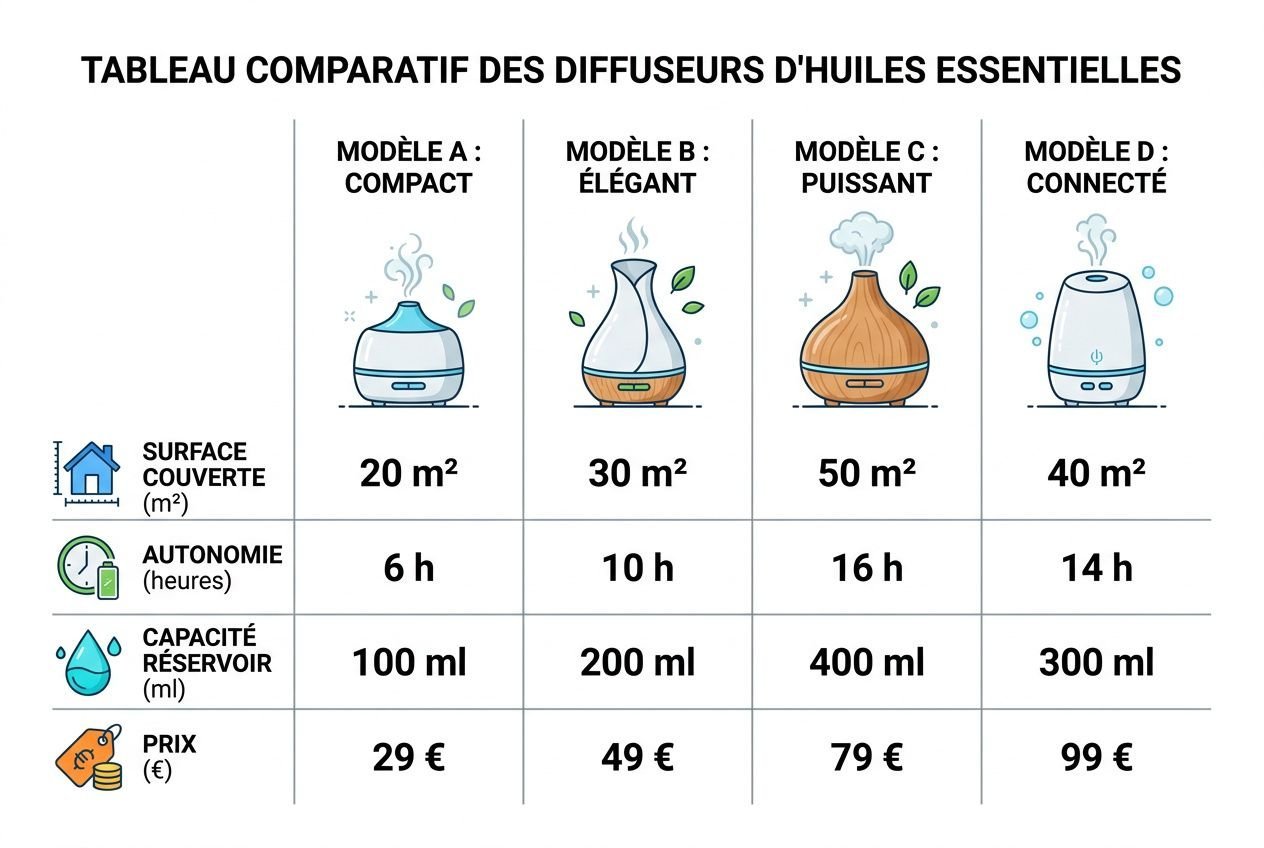 Tableau comparatif des diffuseurs d'huiles essentielles. Présente les modèles A à D avec surface couvertes, autonomie, capacité réservoir et prix. Intègre le keyword: diffuseur huile essentielle ultrason.