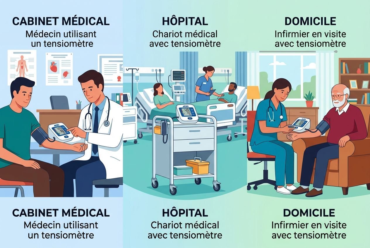 Tensiomètre électronique professionnel : médecin et infirmier utilisant l'appareil dans un cadre médical et à domicile, avec patients et visualisation des soins.