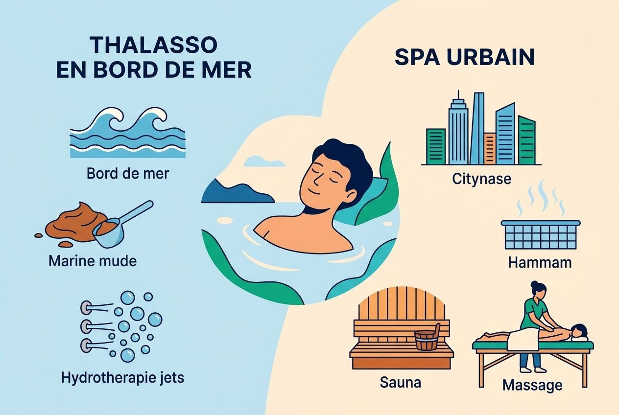 Thalasso en bord de mer et spa urbain offrant détente et massage, avec soins comme sauna, hammam et hydrothérapie.