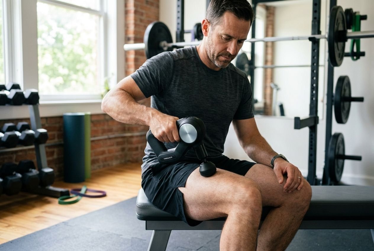 Utilisation du pistolet de massage sur le quadriceps